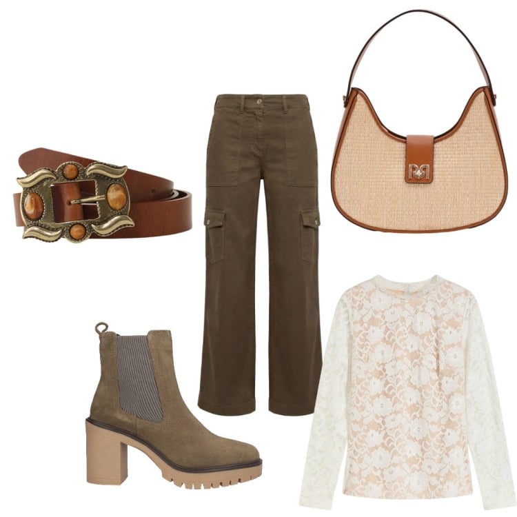 Outfit donna - Total look #2365623. Stile Casual per Ufficio. Abbinamento con stivaletti chelsea, maglieria, pantaloni cargo, borse a spalla, cinture.