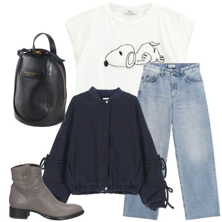 Outfit donna - L\'Eleganza del Tempo Libero. Stile Casual chic per Tutti i giorni. Abbinamento con stivaletti, zaini, bomber, jeans dritti, t-shirt.