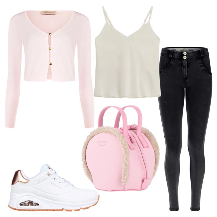 Outfit donna - Total look #2365626. Stile Casual per Tutti i giorni. Abbinamento con zaini, cardigans, top, jeans skinny, sneakers.