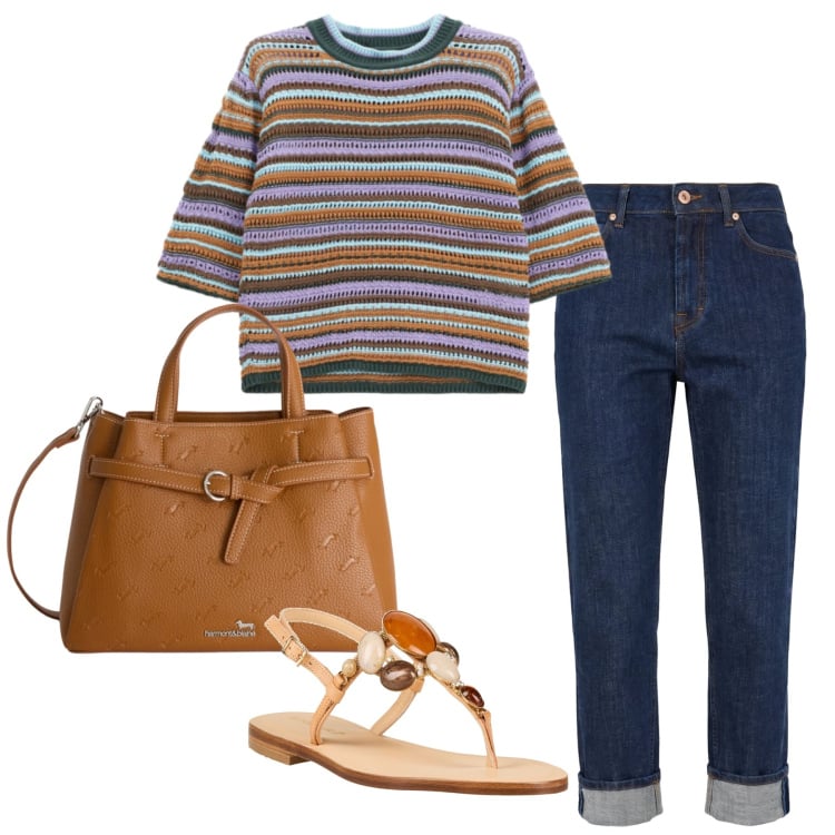 Outfit donna - Total look #2365627. Stile Casual per Tutti i giorni. Abbinamento con infradito, borse a mano, jeans, maglieria.