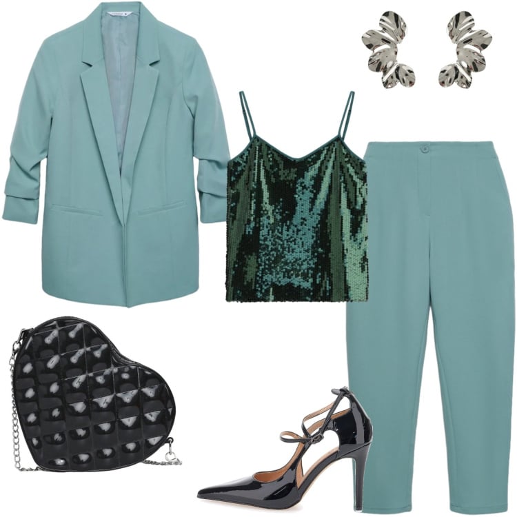 Outfit donna - Sfumature di verde per Antonellal. Stile Casual chic per Serata fuori. Abbinamento con pantaloni chino, blazer, borse a tracolla, top, orecchini, décolleté.