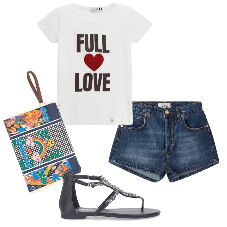 Outfit donna - Total look #2365630. Stile Basic per Tutti i giorni. Abbinamento con shorts, t-shirt, pochette, sandali gioiello.