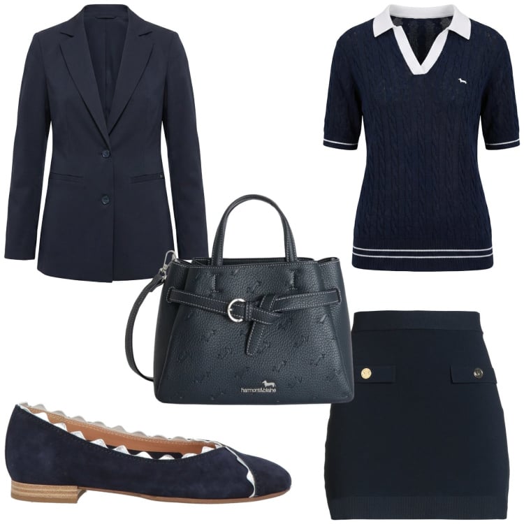 Outfit donna - Primavera in blu navy. Stile Chic per Tutti i giorni. Abbinamento con ballerine, minigonne, blazer, polo, borse a mano.