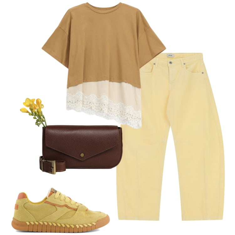 Outfit donna - Marzo. Stile Casual per Tutti i giorni. Abbinamento con t-shirt, pantaloni, borse a tracolla, sneakers.