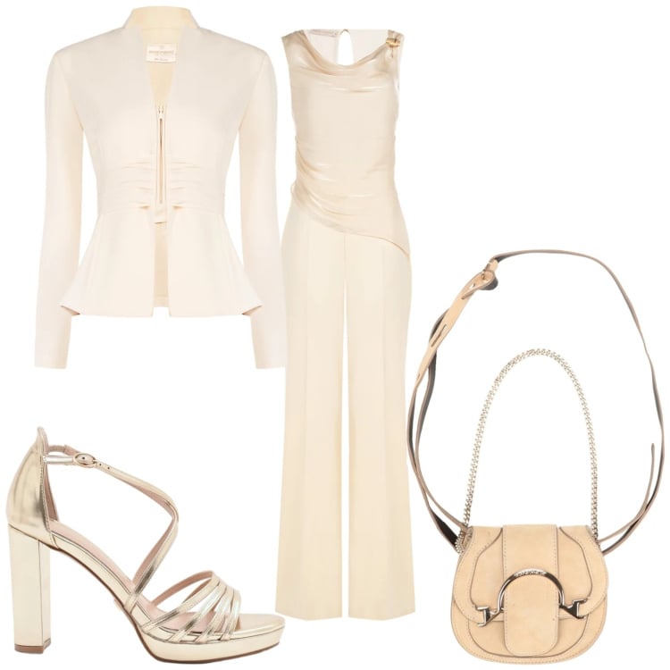 Outfit donna - Chiaro invito. Stile Glamour per Cerimonia. Abbinamento con marsupi, tute, blazer, sandali col tacco.