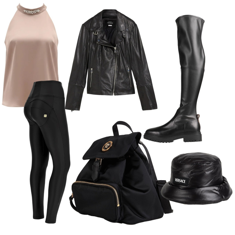 Outfit donna - Total look #2365638. Stile Rock per Tutti i giorni. Abbinamento con zaini, stivali sopra il ginocchio, cappelli, blazer, top, pantaloni skinny.