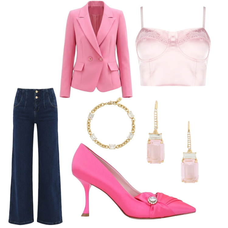 Outfit donna - Eleganza. Stile Chic per Cerimonia. Abbinamento con décolleté, top, jeans, blazer, orecchini, braccialetti.