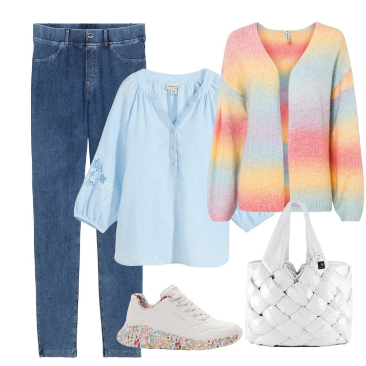 Outfit donna - Spensieratezza. Stile Basic per Tutti i giorni. Abbinamento con cardigans, sneakers, bluse, jeggings, borse tote.