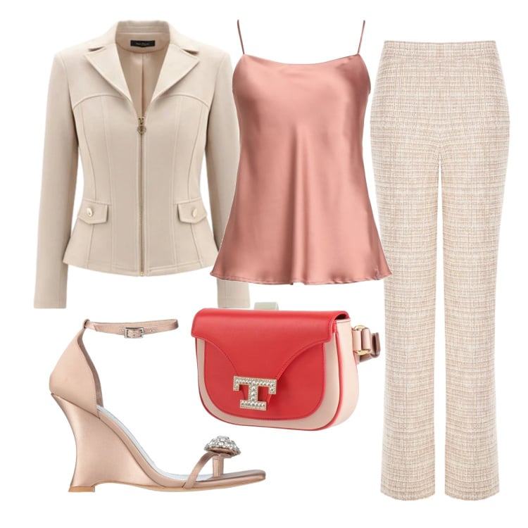 Outfit donna - In beige con stile. Stile Chic per Ufficio. Abbinamento con marsupi, ciabatte, top, blazer, pantaloni a palazzo.