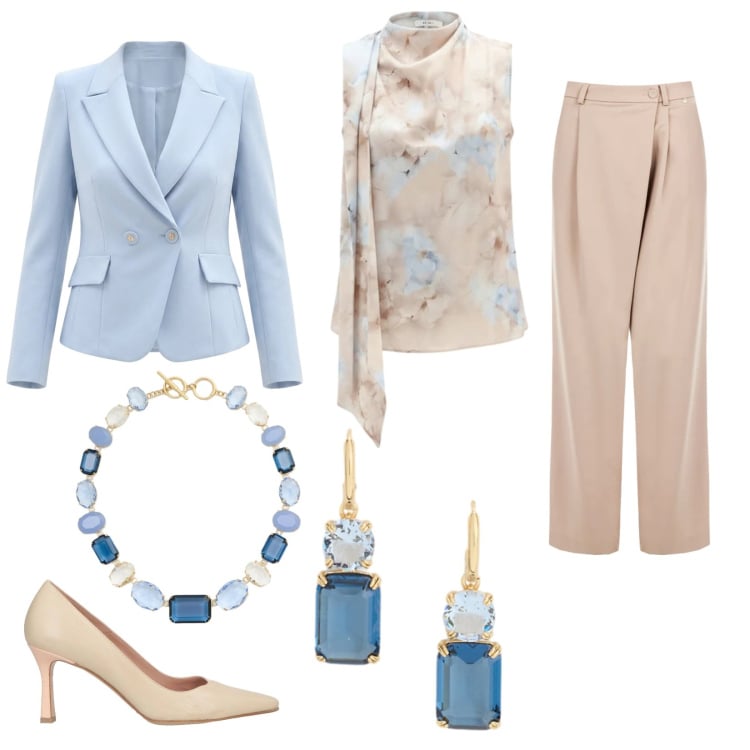 Outfit donna - In festa. Stile Chic per Serata fuori. Abbinamento con décolleté, pantaloni a palazzo, top, blazer, orecchini, collane.