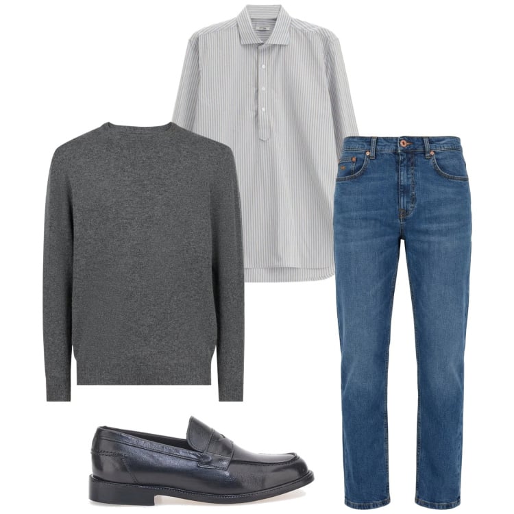 Outfit uomo - Total look #2365652. Stile Trendy per Ufficio. Abbinamento con jeans, camicie, maglieria, scarpe stringate.