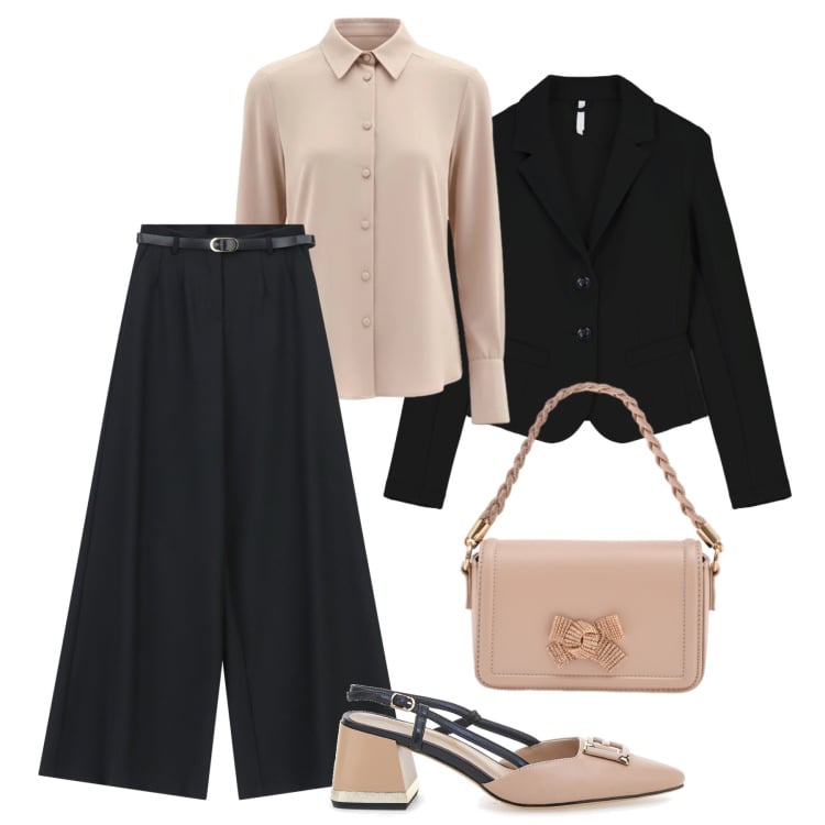 Outfit donna - Formale al lavoro. Stile Glamour per Ufficio. Abbinamento con pochette, camicie, pantaloni a palazzo, blazer, décolleté.