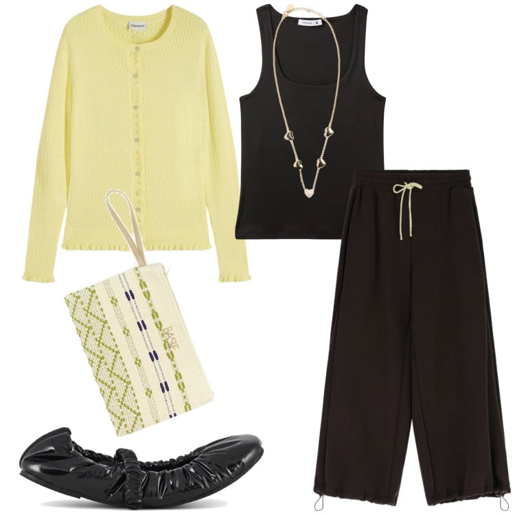 Outfit donna - Total look #2365656. Stile Casual chic per Tutti i giorni. Abbinamento con cardigans, canottiere, pantaloni a palazzo, collane, ballerine, pochette.