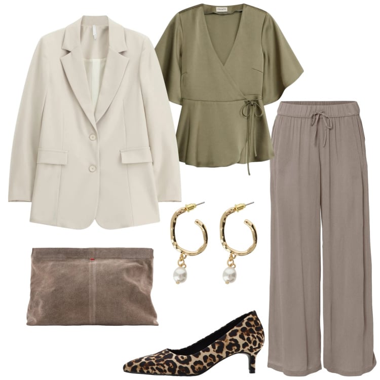 Outfit donna - Soft Power Dressing. Stile Casual per Tutti i giorni. Abbinamento con décolleté, pantaloni, bluse, blazer, orecchini, pochette.