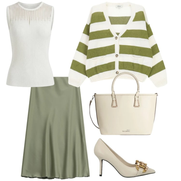 Outfit donna - Salvia e panna. Stile Bon Ton Abbinamento con décolleté, shopping bag, canottiere, gonne lunghe, cardigans.