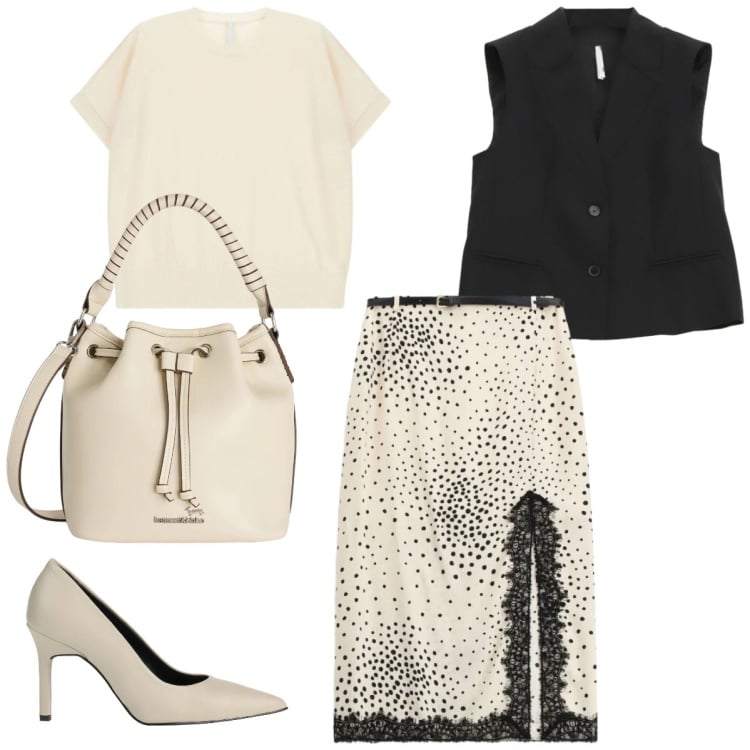 Outfit donna - Pizzo chic di giorno. Abbinamento con décolleté, borse a secchiello, t-shirt, gonne longuette, gilet.