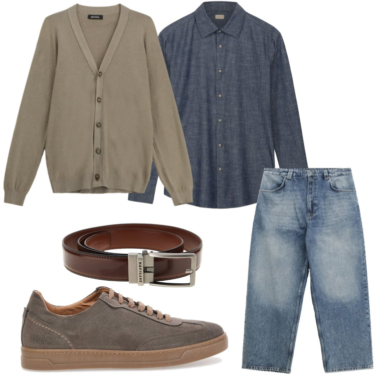 Outfit uomo - Il cardigan over. Stile Casual per Tutti i giorni. Abbinamento con jeans, cardigans, camicie, sneakers, cinture.