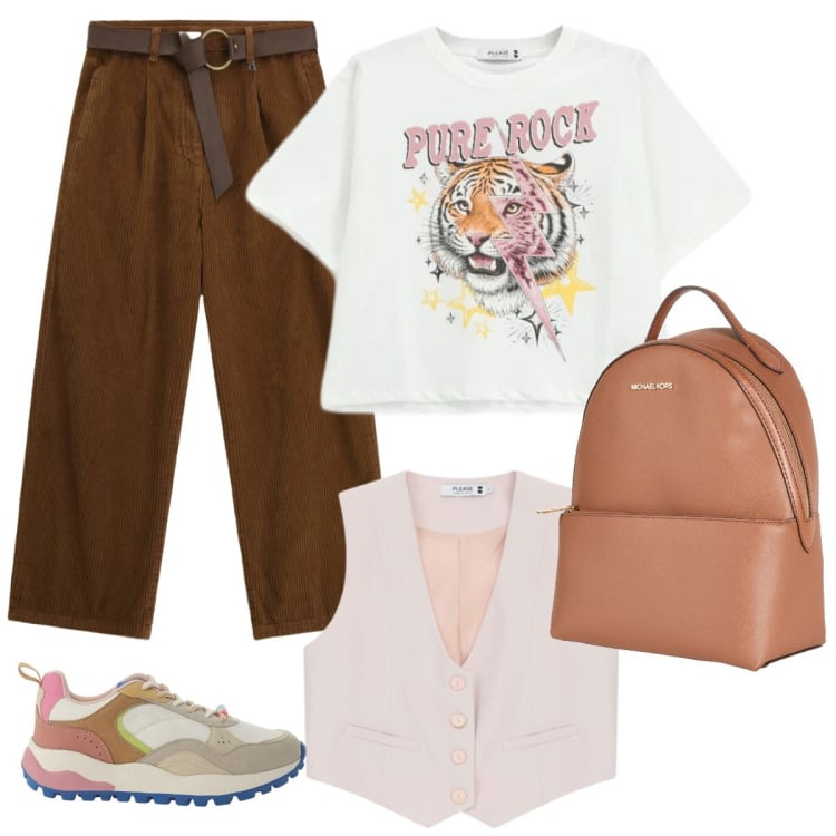 Outfit donna - Ehi Tiger.... Stile Casual Abbinamento con zaini, gilet, t-shirt, sneakers, pantaloni a palazzo.