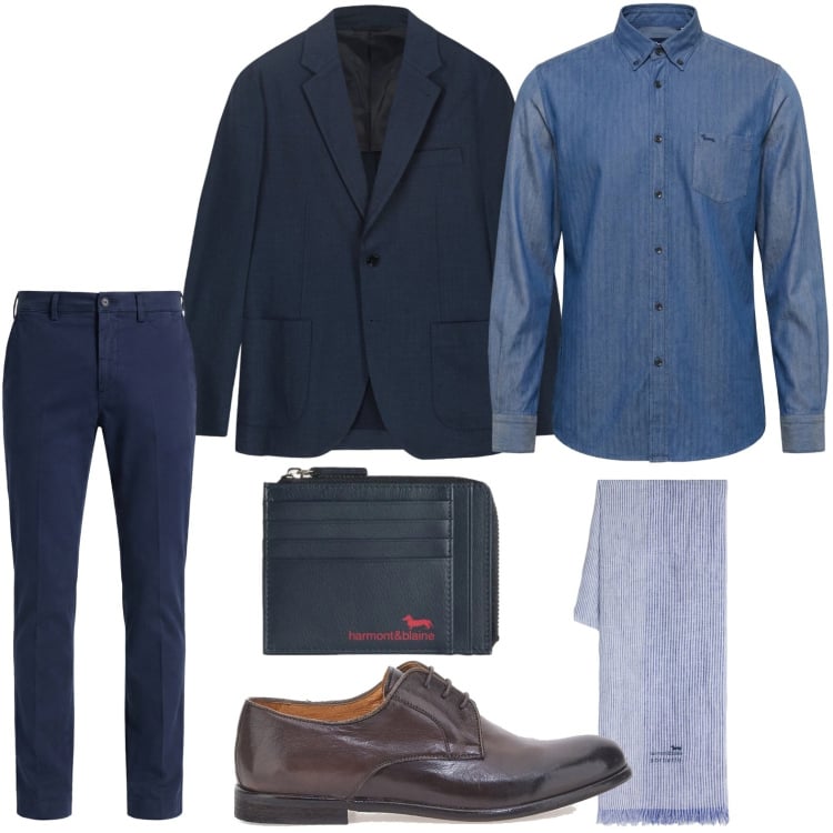 Outfit uomo - Tonalità blu. Stile Trendy per Tutti i giorni. Abbinamento con camicie, portamonete, pantaloni chino, sciarpe, scarpe stringate, giacche.