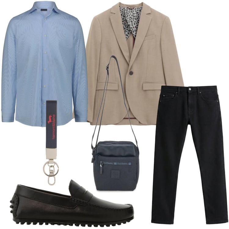 Outfit uomo - Work style. Stile Trendy per Tutti i giorni. Abbinamento con portachiavi, jeans, scarpe stringate, giacche, portafogli, camicie.
