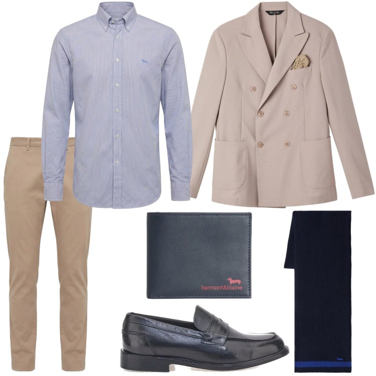 Outfit uomo - Elegante. Stile Casual per Ufficio. Abbinamento con portafogli, camicie, pantaloni chino, sciarpe, scarpe stringate, giacche.