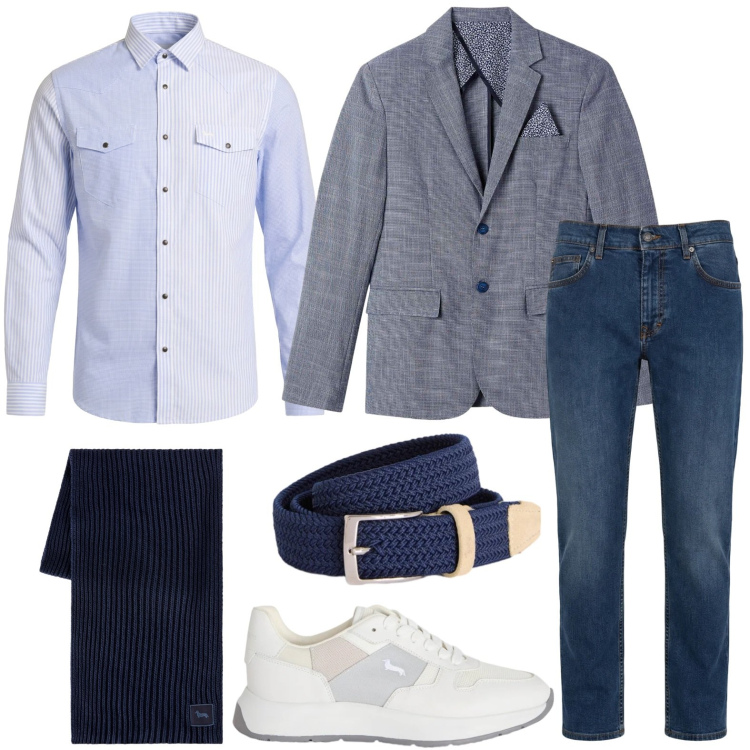 Outfit uomo - Casual chic. Stile Trendy per Tutti i giorni. Abbinamento con jeans, cinture, sneakers, camicie, sciarpe, giacche.