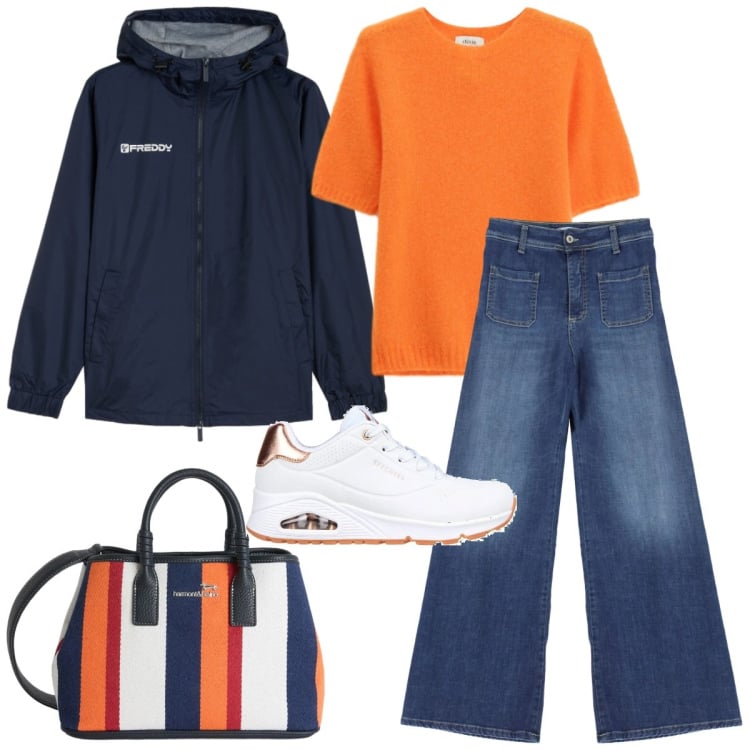Outfit donna - Arancio e blu. Abbinamento con shopping bag, jeans, maglieria, giacche, sneakers.