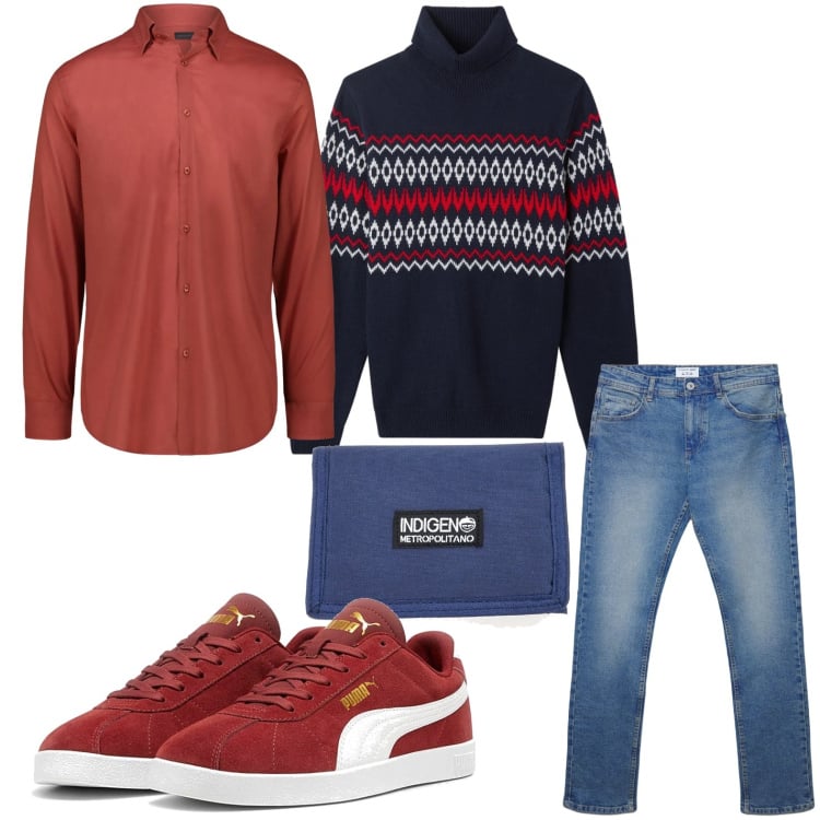 Outfit uomo - Giorni freddi. Stile Trendy per Tutti i giorni. Abbinamento con sneakers, camicie, jeans dritti, portafogli, maglieria.