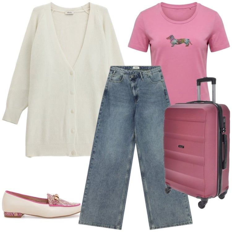 Outfit donna - Comoda x partire. Abbinamento con t-shirt, cardigans, jeans, valigie, mocassini.