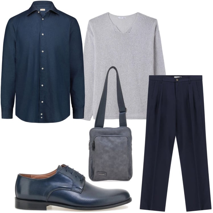 Outfit uomo - Eleganza rilassata. Stile Trendy per Tutti i giorni. Abbinamento con pantaloni, maglieria, portafogli, camicie, scarpe stringate.