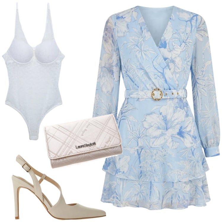 Outfit donna - L\'abito da cerimonia. Stile Romantica per Cerimonia. Abbinamento con body, vestiti corti, décolleté, portafogli.