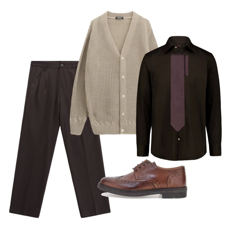 Outfit uomo - Moka. Stile Casual per Serata speciale. Abbinamento con pantaloni, cardigans, camicie, cravatte, scarpe stringate.