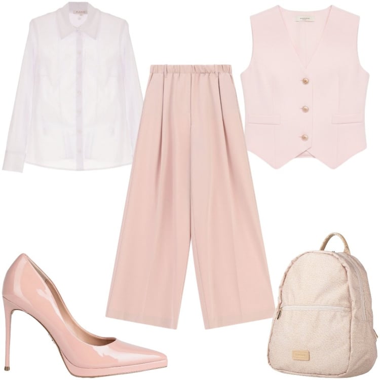 Outfit donna - Stile romantico primaverile- rosa cipria. Stile Romantica per Tutti i giorni. Abbinamento con décolleté, zaini, camicie, gilet, pantaloni a palazzo.