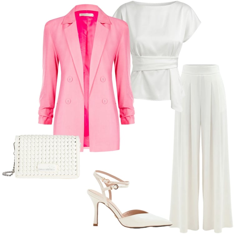 Outfit donna - Cerimonia. Stile Chic per Cerimonia. Abbinamento con borse a tracolla, bluse, blazer, pantaloni a palazzo, décolleté.