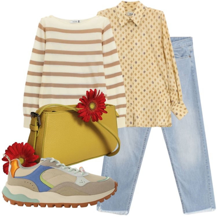 Outfit donna - Total look sabato mattina. Stile Casual chic per Tutti i giorni. Abbinamento con jeans, maglieria, sneakers, camicie, borse a spalla.