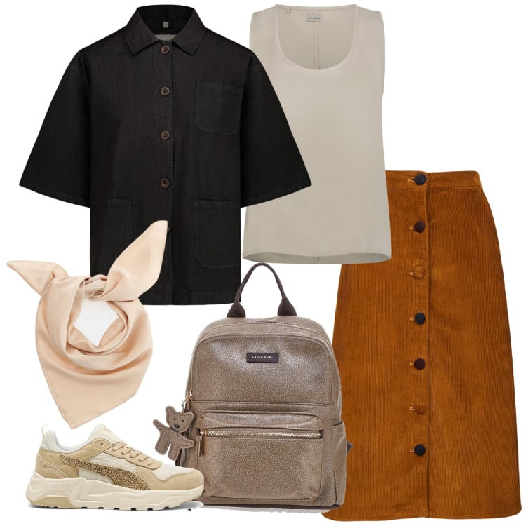 Outfit donna - Gita culturale. Stile Casual per Scuola/Università. Abbinamento con foulard, sneakers, gonne longuette, blazer, top, zaini.