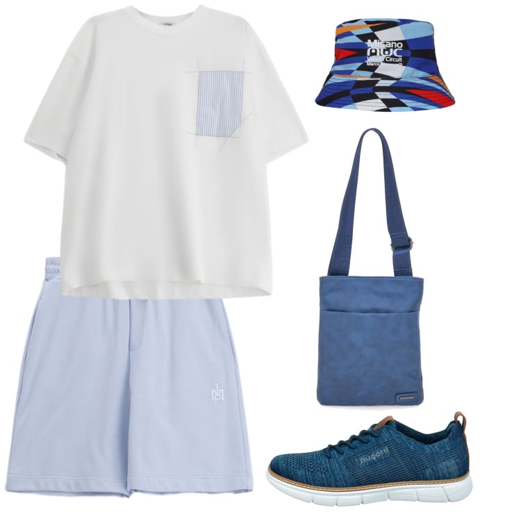 Outfit uomo - Celeste rigato. Stile Trendy per Mare. Abbinamento con t-shirt, bermuda, portafogli, cappelli, sneakers.