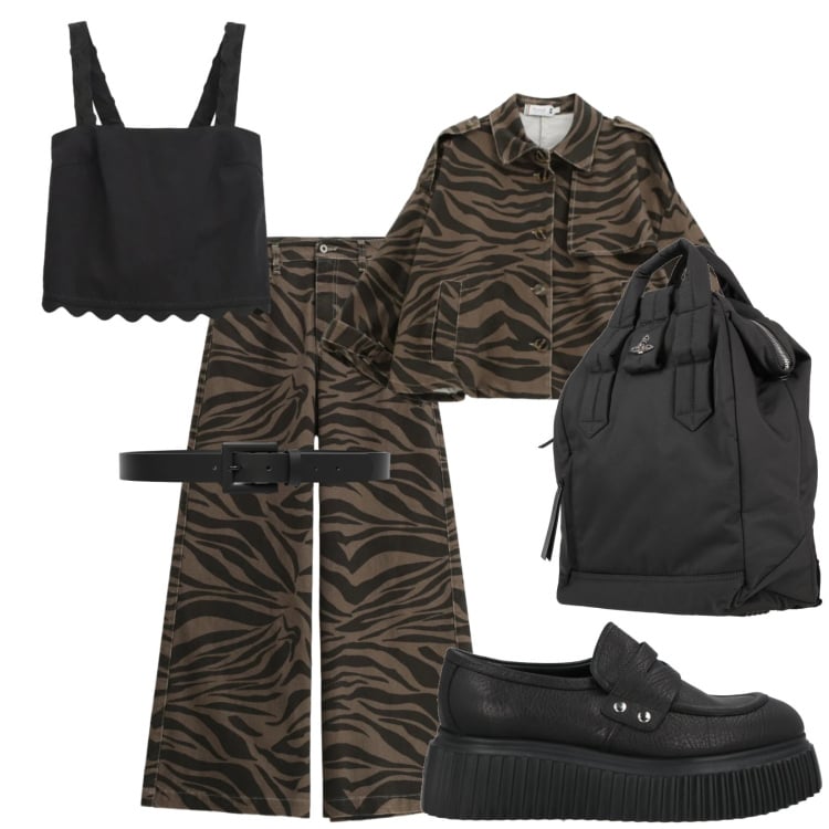 Outfit donna - Gita fuori porta. Stile Sporty chic per Tutti i giorni. Abbinamento con zaini, mocassini, pantaloni a palazzo, blazer, cinture, top.