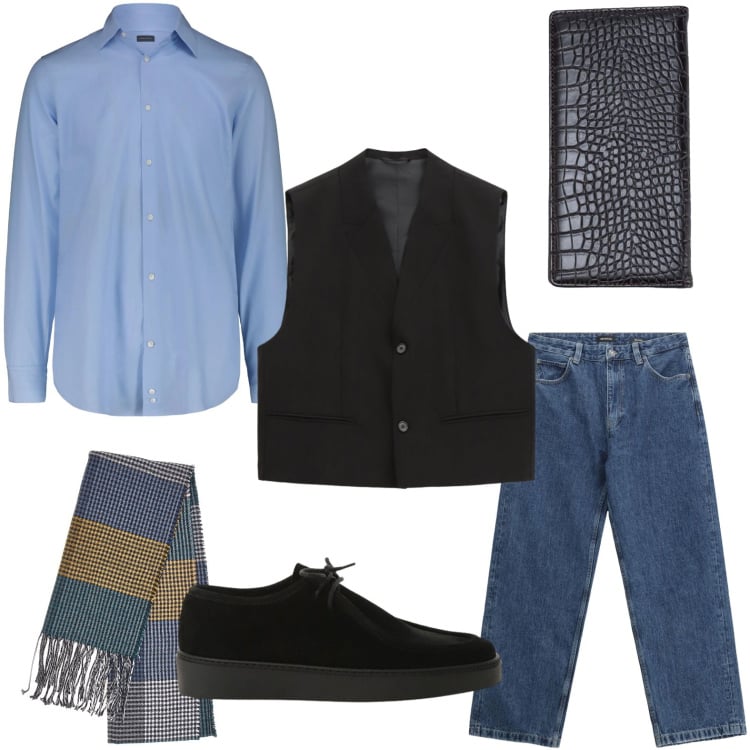 Outfit uomo - Il gilet versatile. Stile Trendy per Tutti i giorni. Abbinamento con gilet, jeans, scarpe stringate, sciarpe, camicie, portafogli.