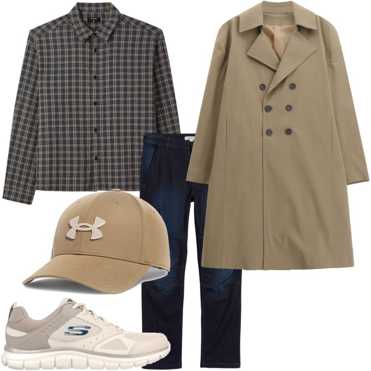 Outfit uomo - Inglish style. Stile Trendy per Tutti i giorni. Abbinamento con jeans dritti, trench, cappelli con visiera, camicie, sneakers.