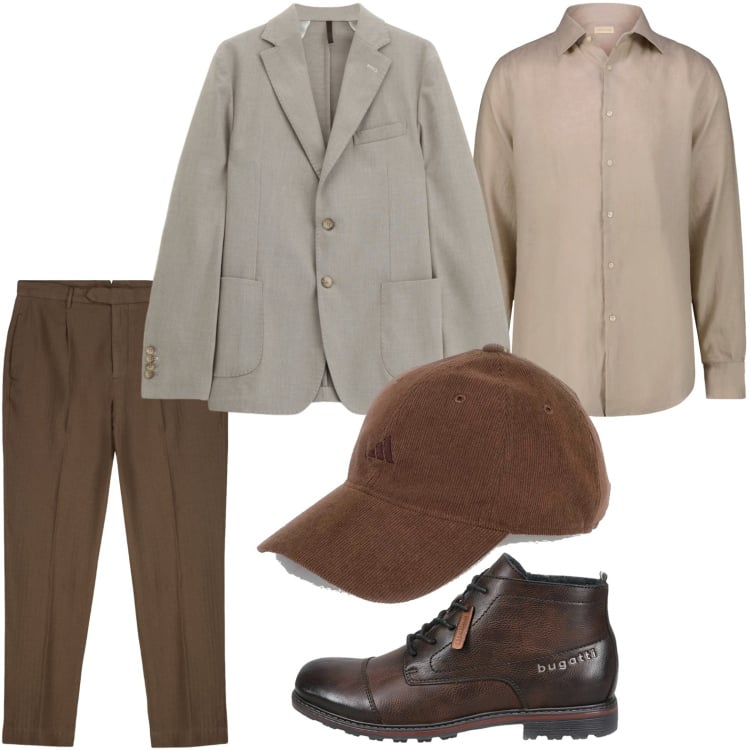 Outfit uomo - Sofisticato. Stile Casual per Tutti i giorni. Abbinamento con giacche, stivali e stivaletti, camicie, pantaloni, cappelli con visiera.