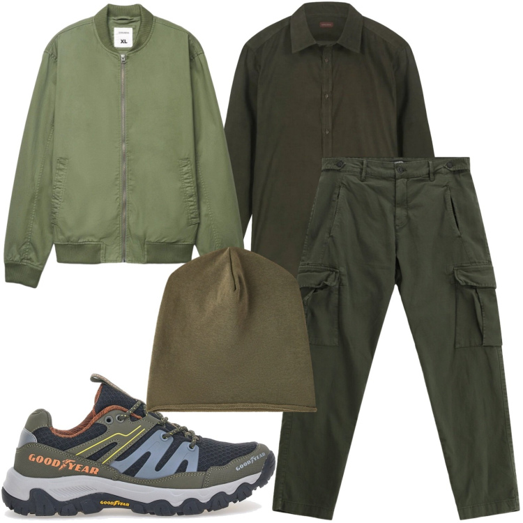 Outfit uomo - Stile militare. Stile Trendy per Tutti i giorni. Abbinamento con pantaloni cargo, berretti, camicie, bomber, stivali e stivaletti.