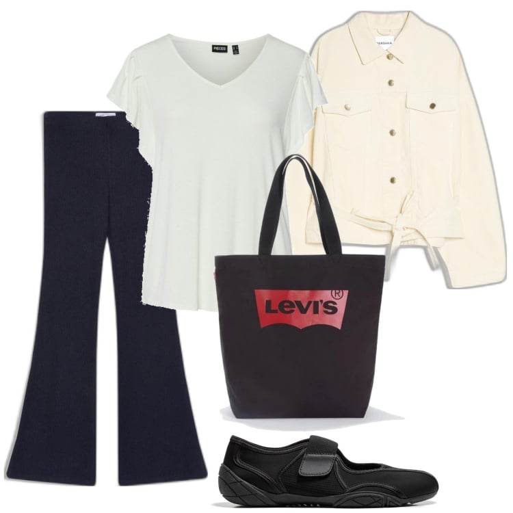 Outfit mujer - Basic look. Estilo Casual para Todos los días. Combinación con pantalones, camiseta, blazers, bailarinas, bolso tote.