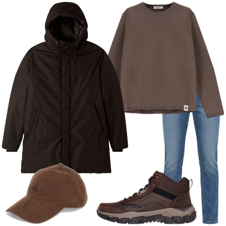 Outfit uomo - Total look #2365749. Stile Urban per Tutti i giorni. Abbinamento con jeans, felpe, parka, cappelli con visiera, scarpe sportive.