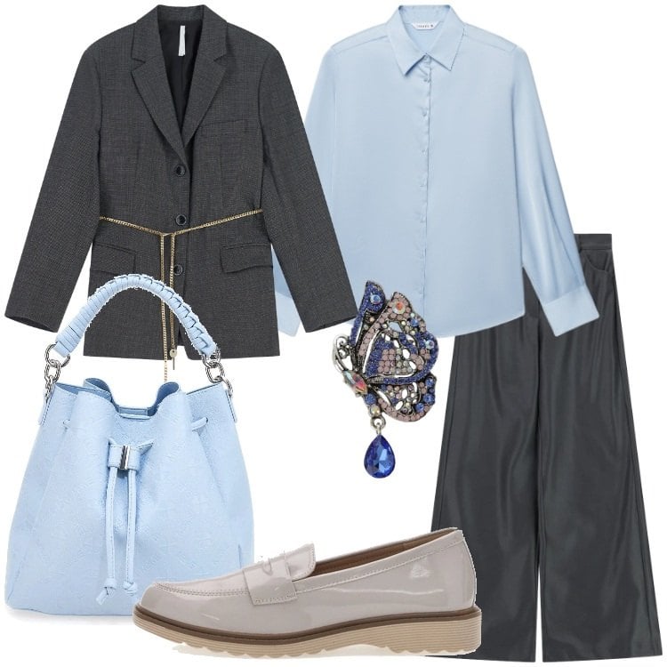 Outfit donna - Soft Power Dressing. Stile Casual chic per Ufficio. Abbinamento con camicie, blazer, ciondoli, pantaloni a palazzo, borse a secchiello, mocassini.