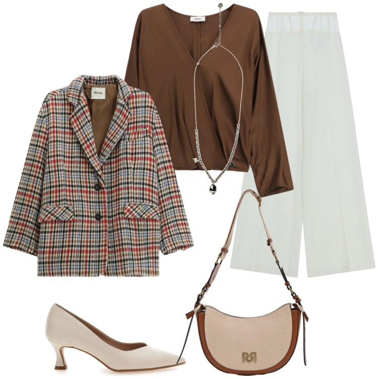 Outfit donna - Primavera soft. Stile Casual chic per Ufficio. Abbinamento con borse a tracolla, pantaloni a palazzo, bluse, blazer, ciondoli, décolleté.