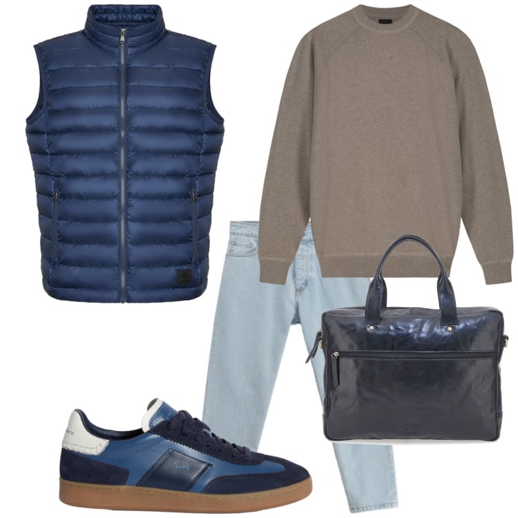 Outfit uomo - Weekend fuori. Stile Casual per Tutti i giorni. Abbinamento con sneakers, jeans, piumini, borse sportive, maglieria.