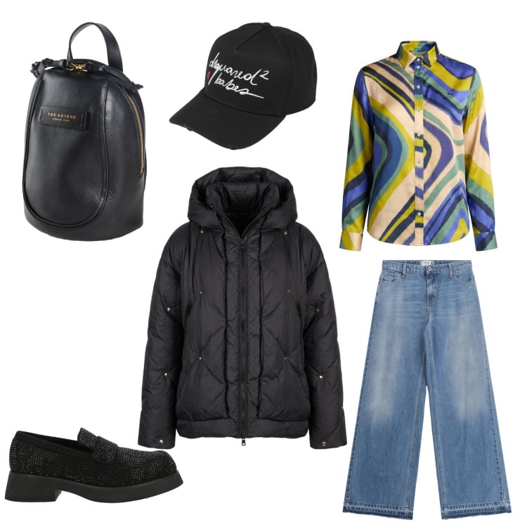 Outfit donna - Passeggiata lungo lago. Stile Casual per Tutti i giorni. Abbinamento con zaini, mocassini, cappelli con visiera, camicie, jeans, piumini.