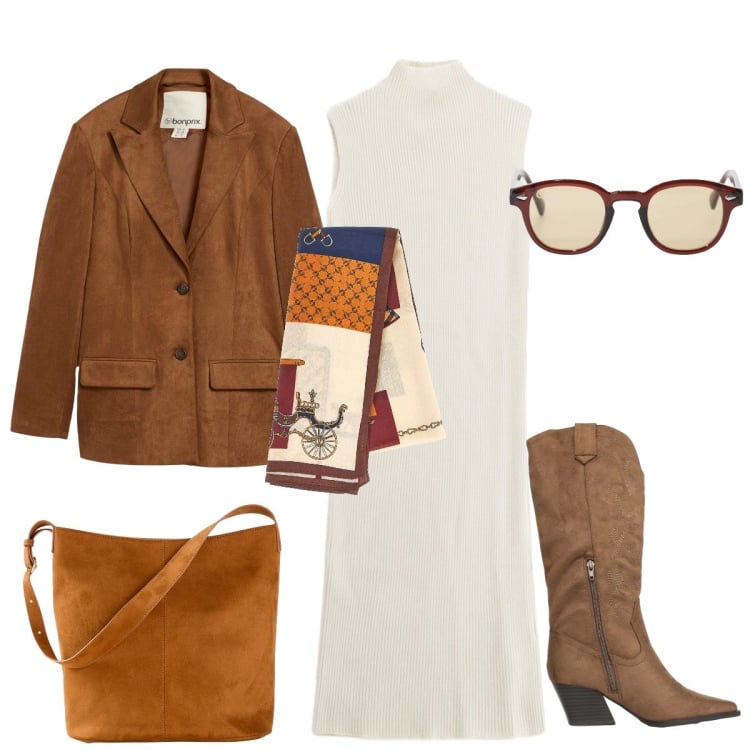 Outfit donna - Per le vie del centro. Stile Trendy per Tutti i giorni. Abbinamento con blazer, borse a mano, stivali, occhiali da sole, vestiti midi/longuette, foulard.