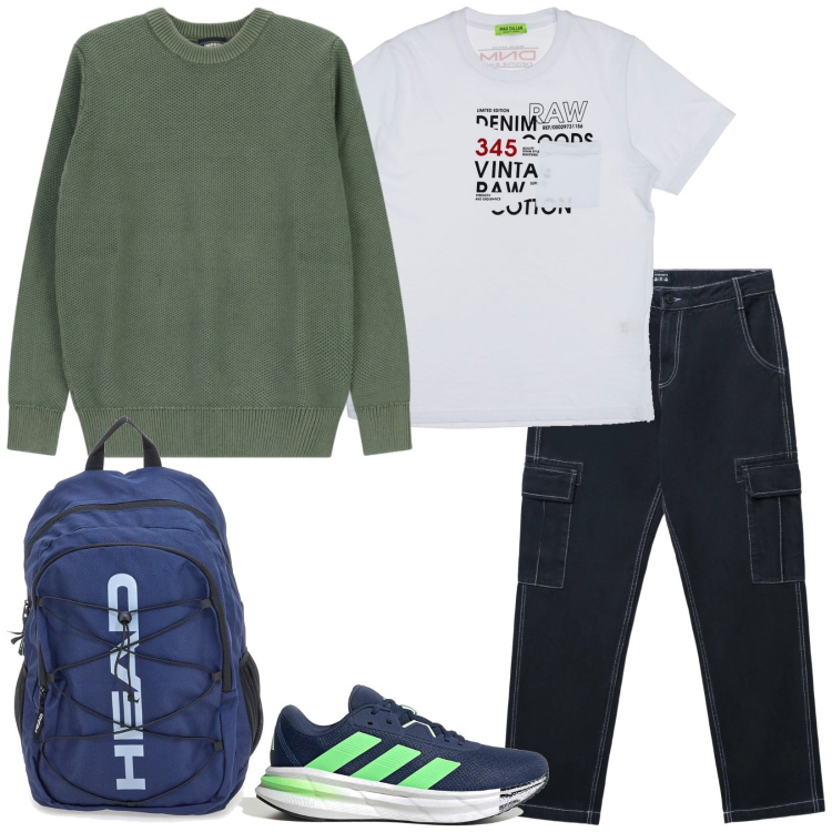 Outfit uomo - Total look #2365762. Stile Casual per Tutti i giorni. Abbinamento con pullovers, t-shirt, pantaloni cargo, zaini, scarpe sportive.